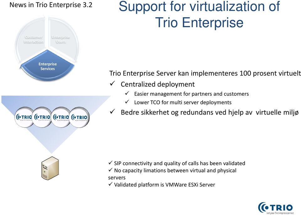 deployment Easier management for partners and customers Lower TCO for multi server deployments Bedre