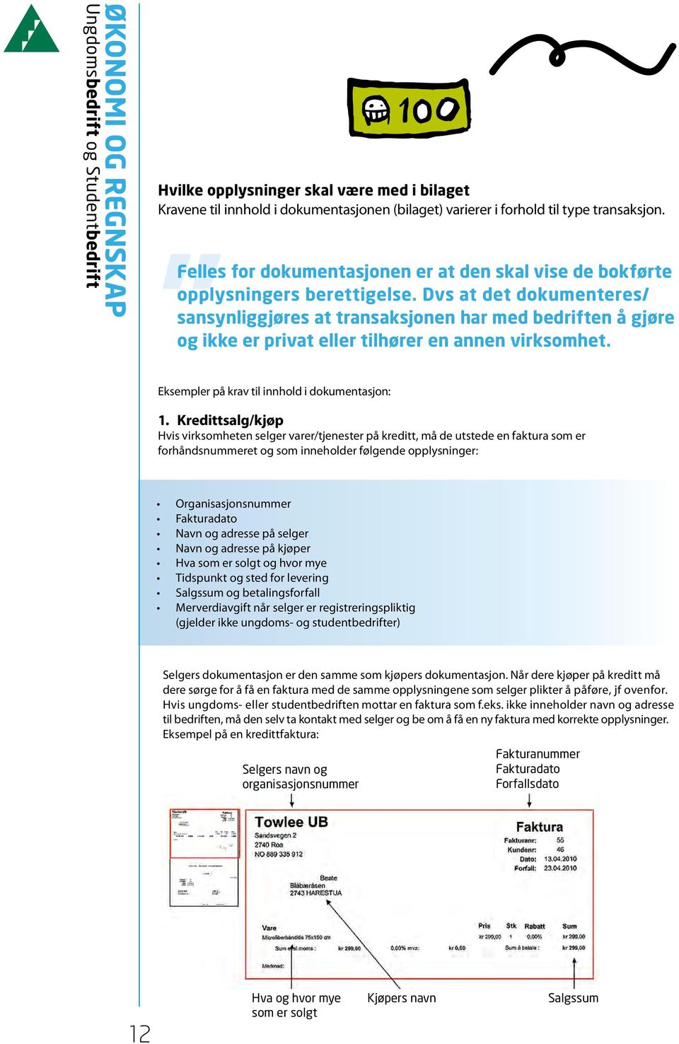 Dvs at det dokumenteres/ sansynliggjøres at transaksjonen har med bedriften å gjøre og ikke er privat eller tilhører en annen virksomhet. Eksempler på krav til innhold i dokumentasjon: 1.