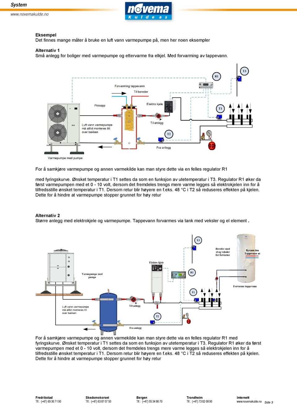 Regulator R1 øker da først varmepumpen med et 0-10 volt, dersom det fremdeles trengs mere varme legges så elektrokjelen inn for å tilfredsstille ønsket temperatur i T1. Dersom retur blir høyere en f.