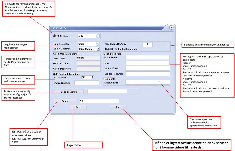 mobilseskapet Her legger man inn sin epostadresses parameter: Telenor: Server: smtp.online.no Port: 25 Sender email : din online.no epostadresse Passord: kontoens passord Netcom: Server: smtp.online.no Port: 25 Sender email : din netcom.
