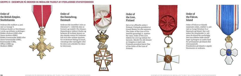 Ridder kommandør (KBE) eller Dame kommandør (DBE), Kommandør (CBE), Offiser (OBE) og Medlem (MBE) Ordenen ble innstiftet i 1671 av Christian V. I 1808 ble den reformert og inndelt i fire klas ser.