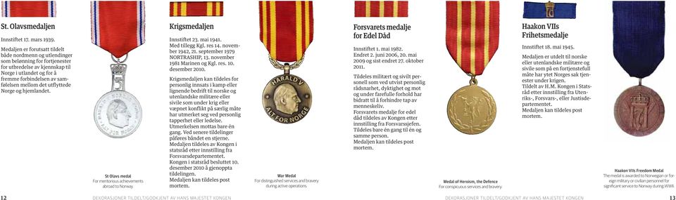 utflyttede Norge og hjemlandet. St Olavs medal For meritorious achievements abroad to Norway. Krigsmedaljen Innstiftet 23. mai 1941. Med tillegg Kgl. res 14. novem - ber 1942, 21.