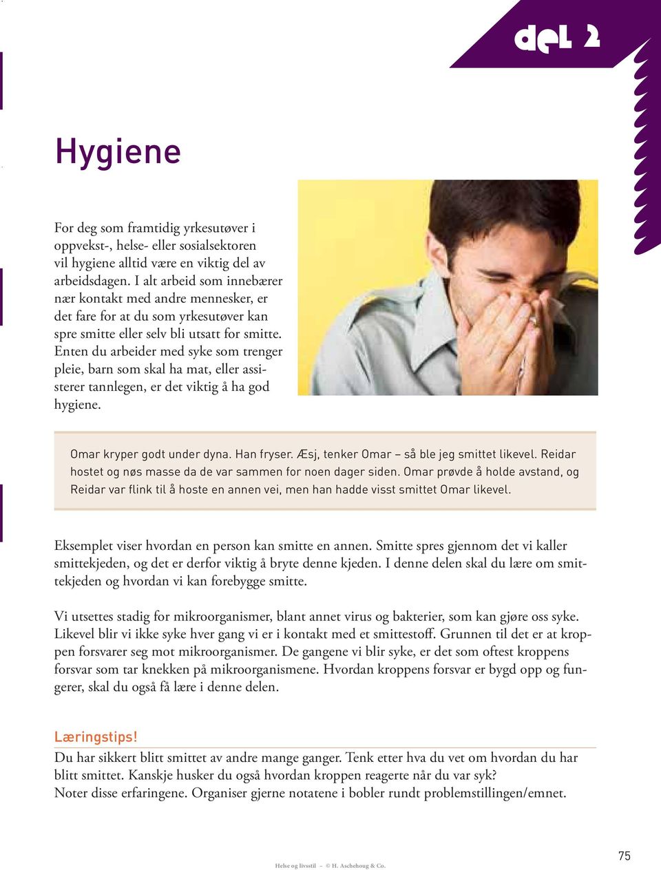 Enten du arbeider med syke som trenger pleie, barn som skal ha mat, eller assisterer tannlegen, er det viktig å ha god hygiene. Eksemplet viser hvordan en person kan smitte en annen.