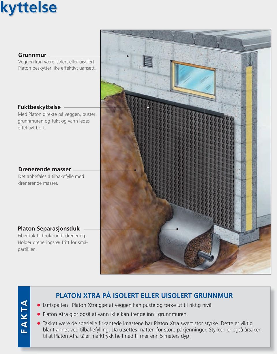 FAKTA PLATON XTRA PÅ ISOLERT ELLER UISOLERT GRUNNMUR Luftspalten i Platon Xtra gjør at veggen kan puste og tørke ut til riktig nivå. Platon Xtra gjør også at vann ikke kan trenge inn i grunnmuren.