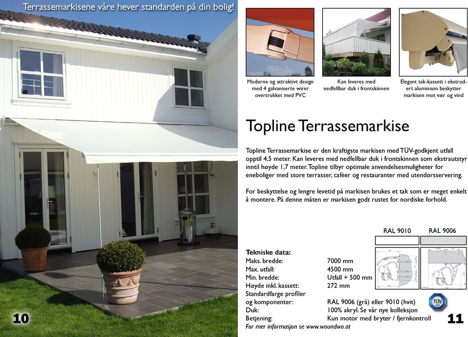 Topline Terrassemarkise Topline Terrassemarkise er den kraftigste markisen med TÜV-godkjent utfall opptil 4,5 meter.