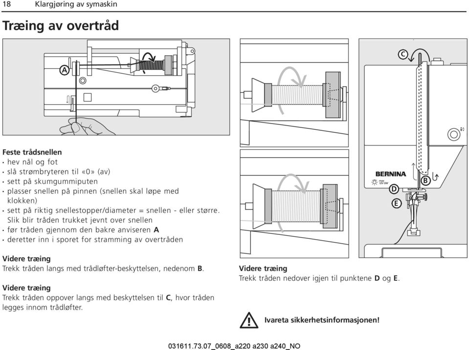 Slik blir tråden trukket jevnt over snellen før tråden gjennom den bakre anviseren A deretter inn i sporet for stramming av overtråden D E B Videre træing Trekk tråden