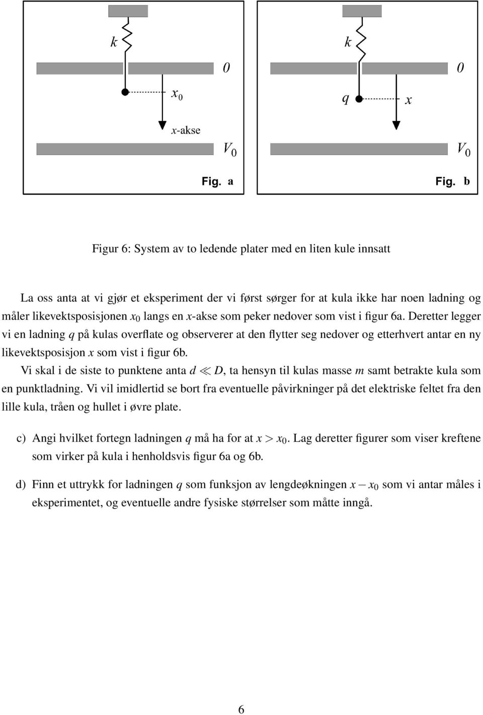 Deretter legger vi en ladning q på kulas overflate og observerer at den flytter seg nedover og etterhvert antar en ny likevektsposisjon x som vist i figur 6b.