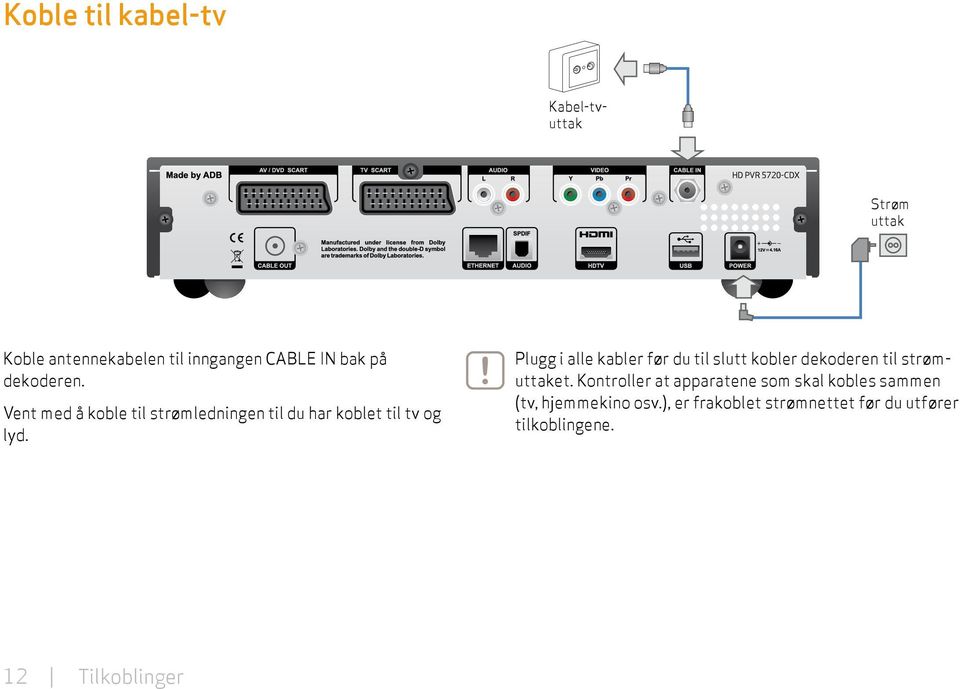 Plugg i alle kabler før du til slutt kobler dekoderen til strømuttaket.