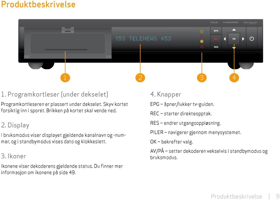 Ikoner Ikonene viser dekoderens gjeldende status. Du finner mer informasjon om ikonene på side 49. 4. Knapper EPG åpner/lukker tv-guiden.