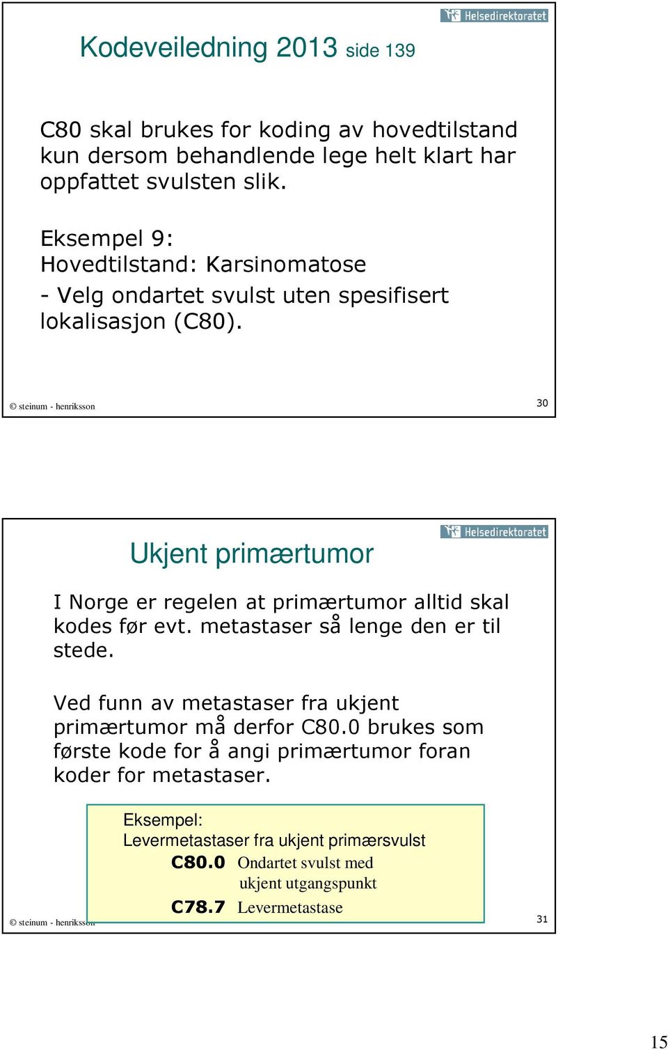 steinum - henriksson 30 Ukjent primærtumor I Norge er regelen at primærtumor alltid skal kodes før evt. metastaser så lenge den er til stede.