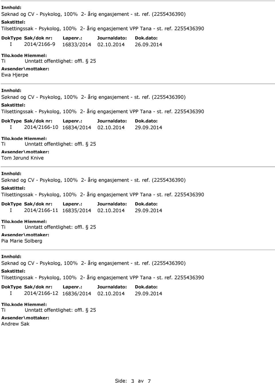 2255436390 2014/2166-10 16834/2014 Tom Jørund Knive nnhold: lsettingssak - Psykolog, 100% 2- årig engasjement VPP Tana - st. ref.