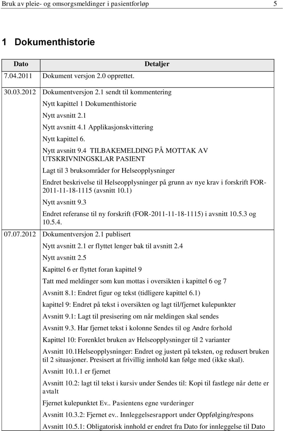 4 TILBAKEMELDING PÅ MOTTAK AV UTSKRIVNINGSKLAR PASIENT Lagt til 3 bruksområder for Helseopplysninger Endret beskrivelse til Helseopplysninger på grunn av nye krav i forskrift FOR- 2011-11-18-1115