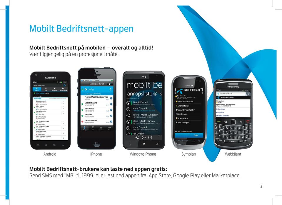 Android iphone Windows Phone Symbian Webklient Mobilt Bedriftsnett-brukere kan