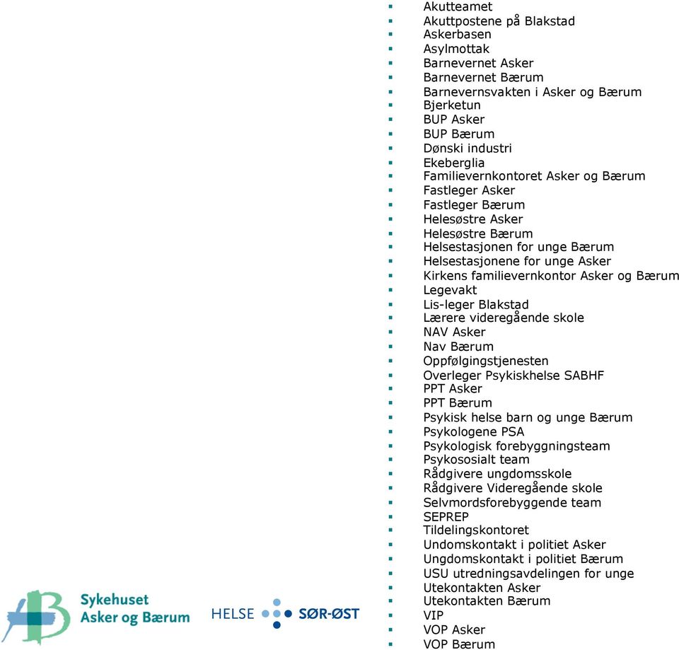 Bærum Legevakt Lis-leger Blakstad Lærere videregående skole NAV Asker Nav Bærum Oppfølgingstjenesten Overleger Psykiskhelse SABHF PPT Asker PPT Bærum Psykisk helse barn og unge Bærum Psykologene PSA