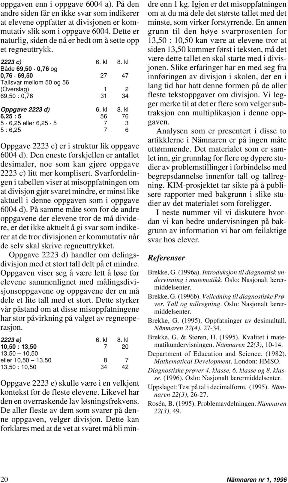 kl Både 69,50 0,76 og 0,76 69,50 27 47 Tallsvar mellom 50 og 56 (Overslag) 1 2 69,50 : 0,76 31 34 Oppgave 2223 d) 6. kl 8.