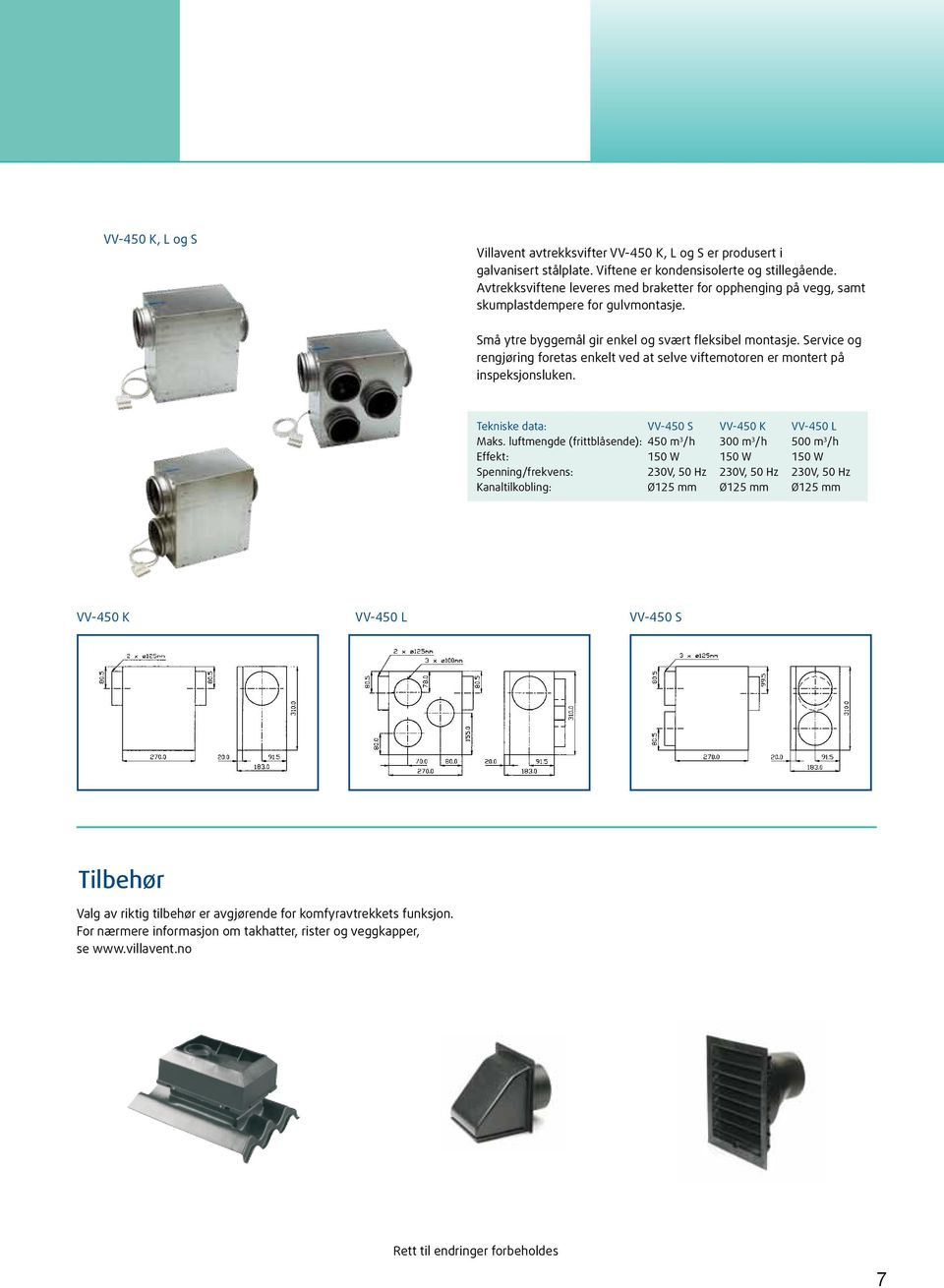 Service og rengjøring foretas enkelt ved at selve viftemotoren er montert på inspeksjonsluken. Tekniske data: VV-450 S VV-450 K VV-450 L Maks.