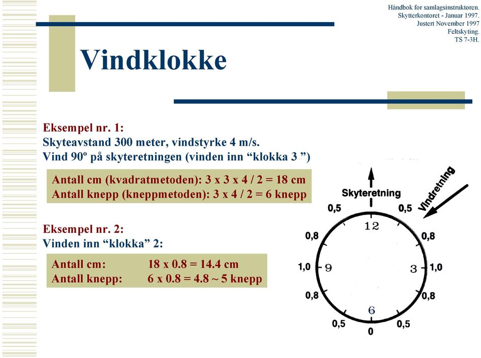 Vind 90º på skyteretningen (vinden inn klokka 3 ) Antall cm (kvadratmetoden): 3 x 3 x / = 18 cm Antall