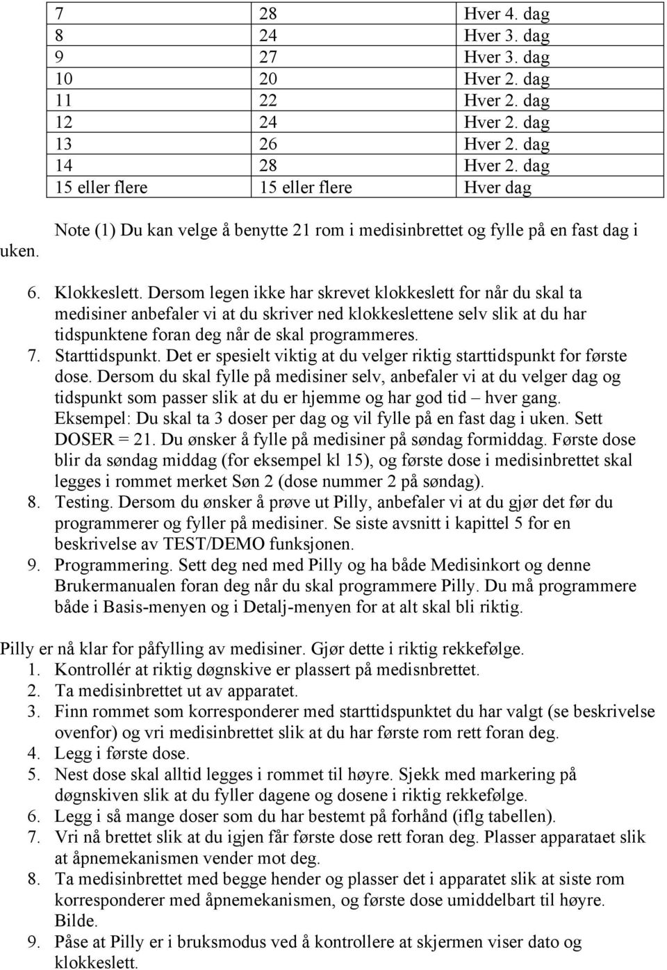 Dersom legen ikke har skrevet klokkeslett for når du skal ta medisiner anbefaler vi at du skriver ned klokkeslettene selv slik at du har tidspunktene foran deg når de skal programmeres. 7.