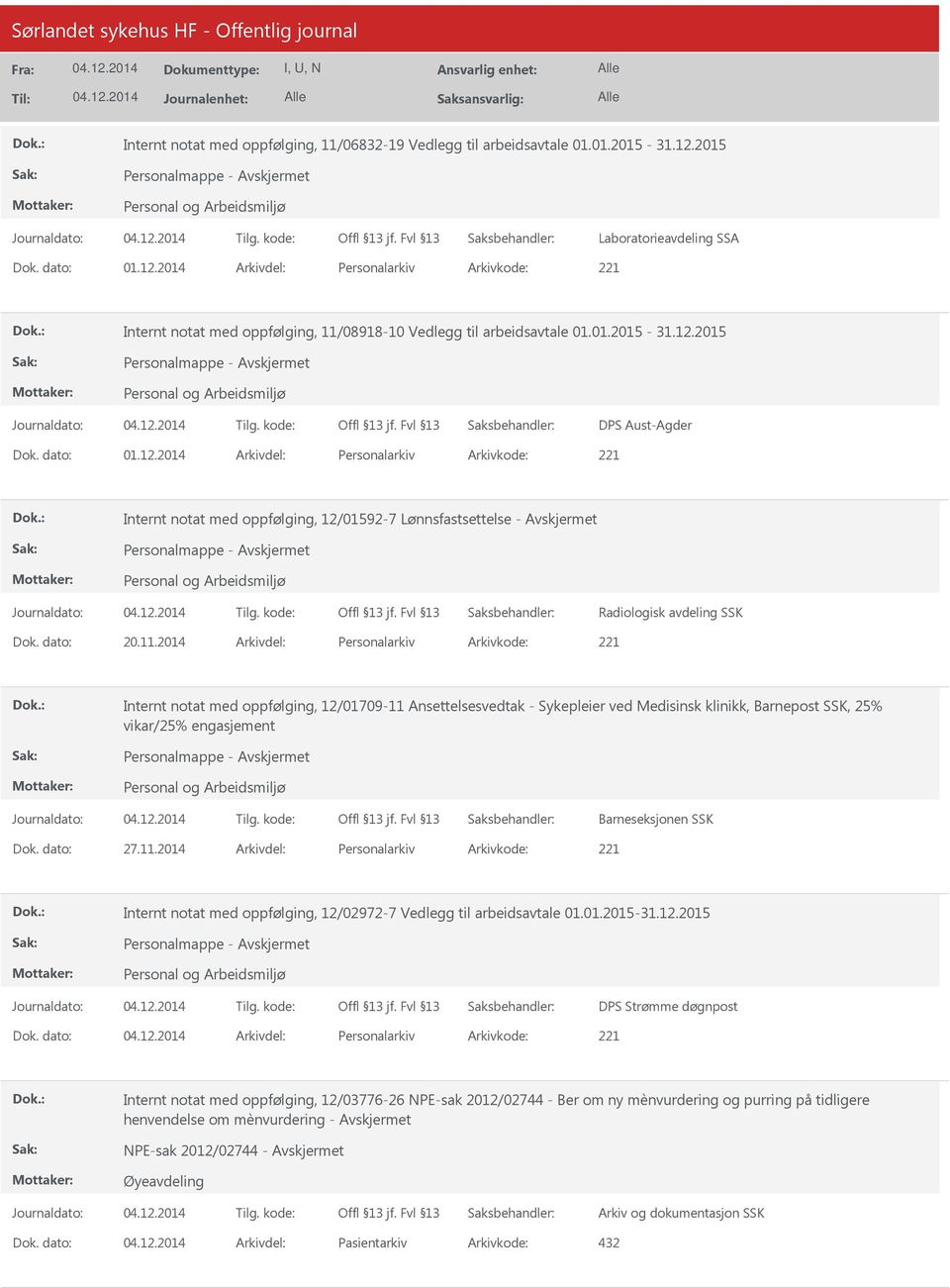 2014 Personalarkiv 221 Internt notat med oppfølging, 12/01709-11 Ansettelsesvedtak - Sykepleier ved Medisinsk klinikk, Barnepost SSK, 25% vikar/25% engasjement Barneseksjonen SSK 27.11.2014 Personalarkiv 221 Internt notat med oppfølging, 12/02972-7 Vedlegg til arbeidsavtale 01.