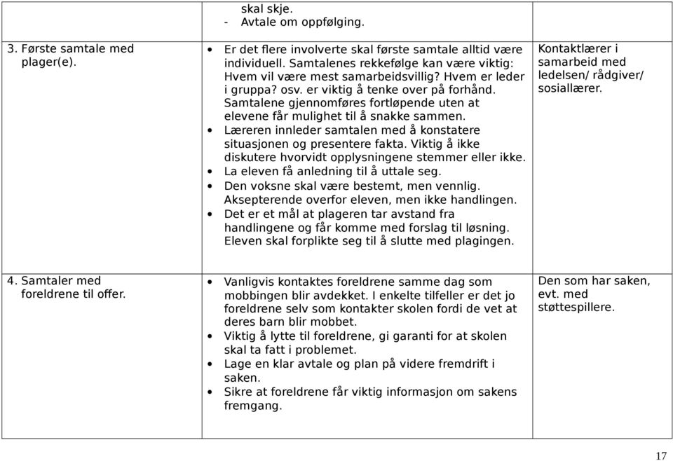 Samtalene gjennomføres fortløpende uten at elevene får mulighet til å snakke sammen. Læreren innleder samtalen med å konstatere situasjonen og presentere fakta.