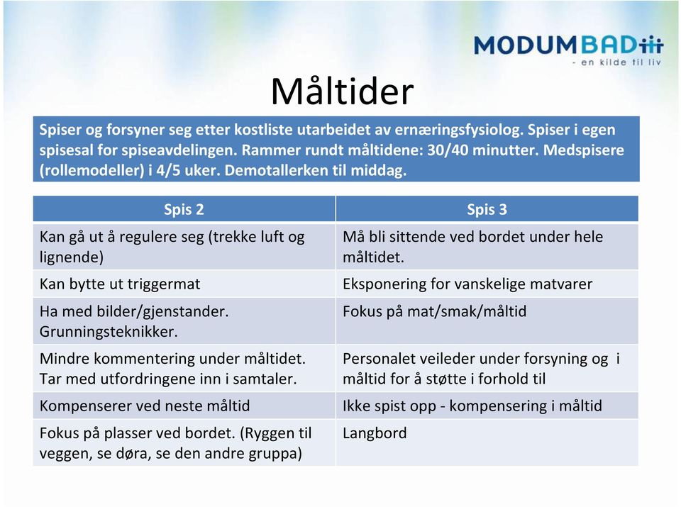 Mindre kommentering under måltidet. Tar med utfordringene inn i samtaler. Kompenserer ved neste måltid Fokus påplasser ved bordet.