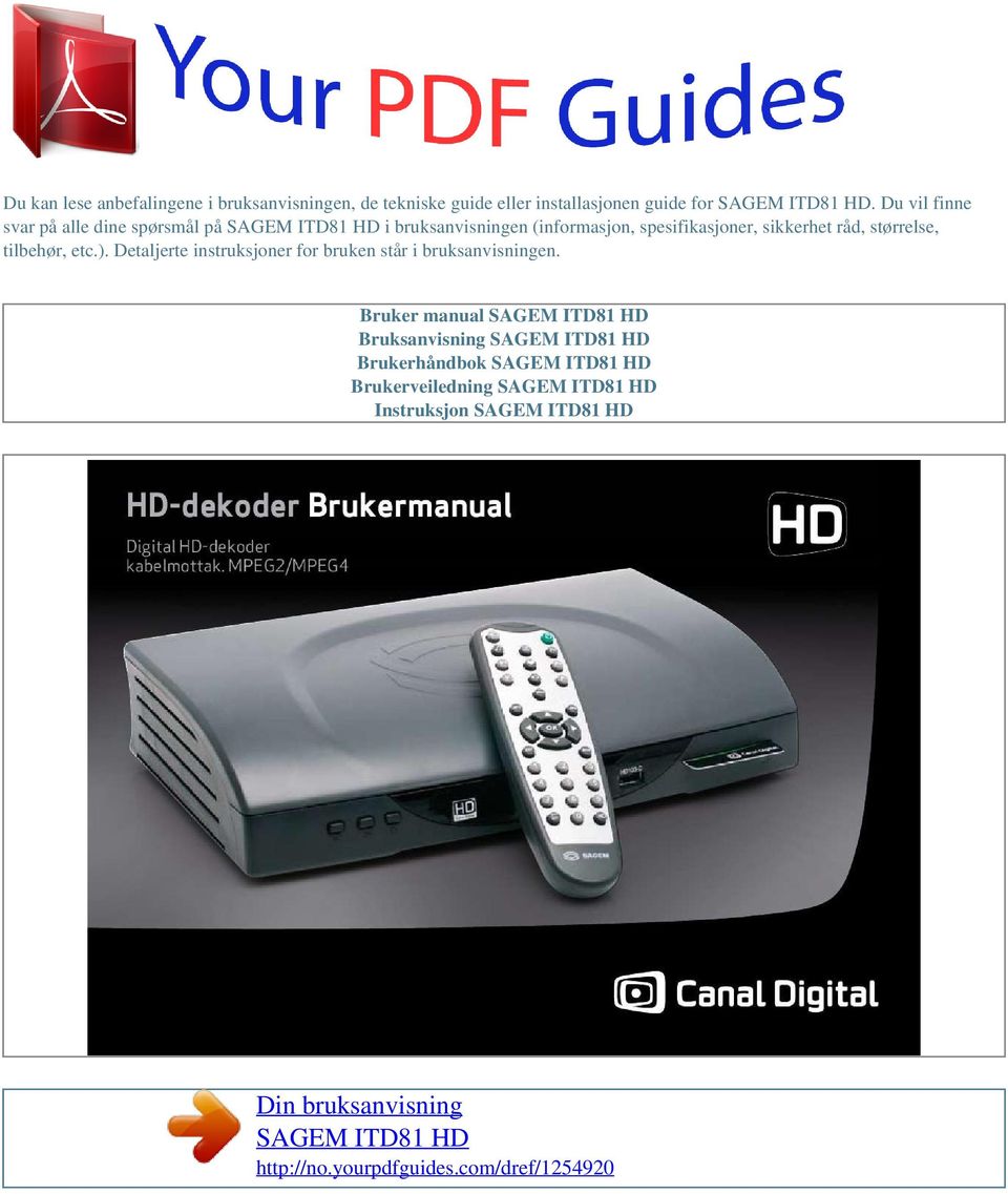 Din bruksanvisning SAGEM ITD81 HD - PDF Gratis nedlasting