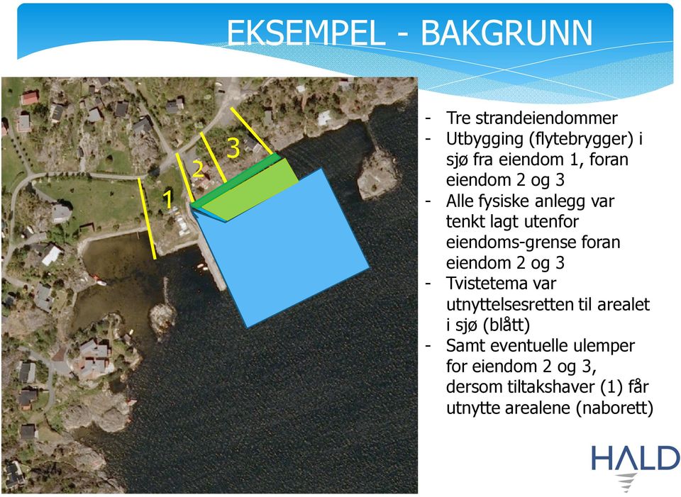 eiendom 2 og 3 - Tvistetema var utnyttelsesretten til arealet i sjø (blått) - Samt eventuelle