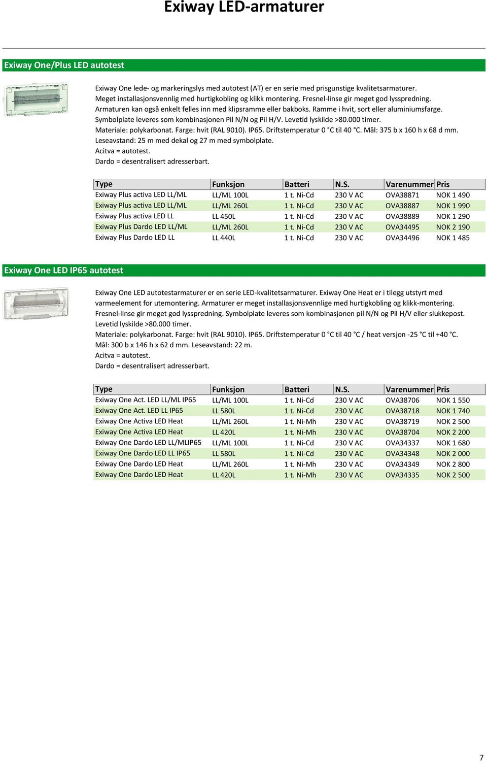 Ramme i hvit, sort eller aluminiumsfarge. Symbolplate leveres som kombinasjonen Pil N/N og Pil H/V. Levetid lyskilde >80.000 timer. Materiale: polykarbonat. Farge: hvit (RAL 9010). IP65.