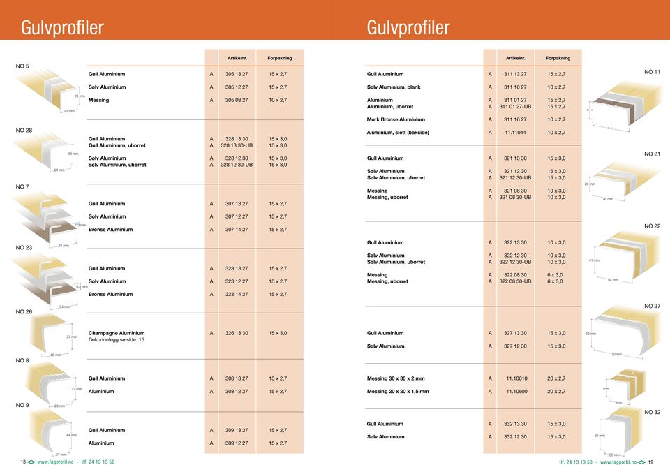 311 01 27-UB 15 x 2,7 20 mm Mørk Bronse luminium 311 16 27 10 x 2,7 NO 28 NO 7 29 29 mm 33 mm Gull luminium 328 13 30 15 x 3,0 Gull luminium, uborret 328 13 30-UB 15 x 3,0 Sølv luminium 328 12 30 15
