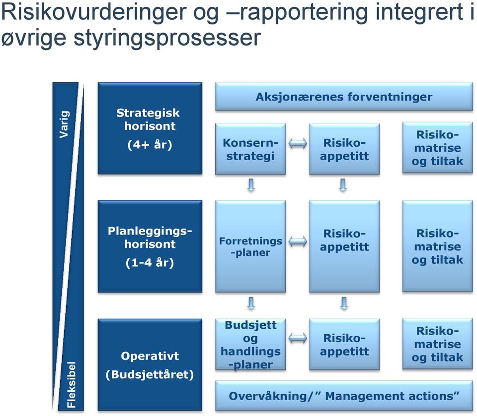 Planleggingshorisont (1-4 år) Forretnings -planer Risikoappetitt Risikomatrise og tiltak Operativt