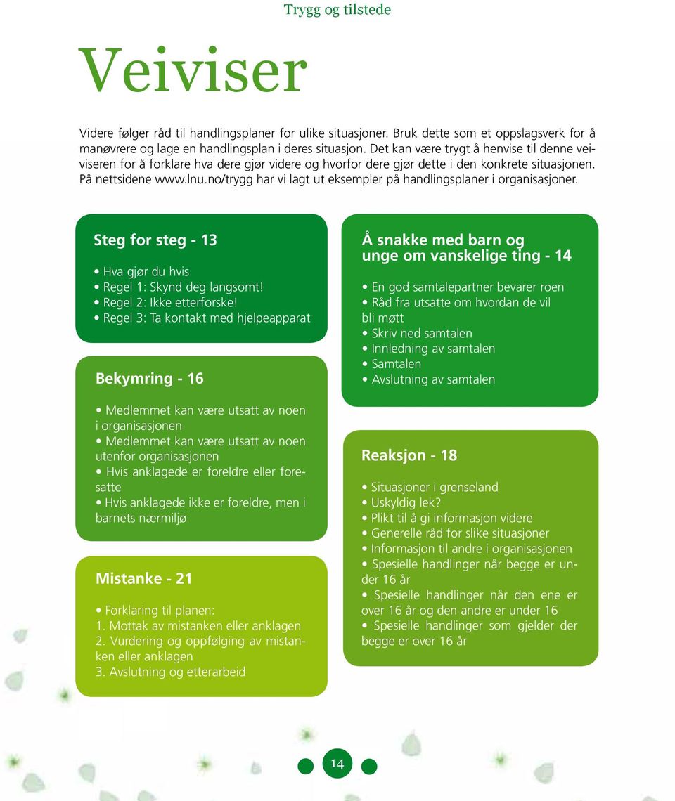 no/trygg har vi lagt ut eksempler på handlingsplaner i organisasjoner. Steg for steg - 13 Hva gjør du hvis Regel 1: Skynd deg langsomt! Regel 2: Ikke etterforske!