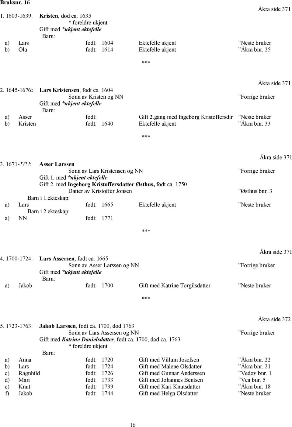 gang med Ingeborg Kristoffersdtr Neste bruker b) Kristen født: 1640 Ektefelle ukjent Åkra bnr. 33 Åkra side 371 3. 1671-????: Asser Larssen Sønn av Lars Kristensen og NN Forrige bruker Gift 1.