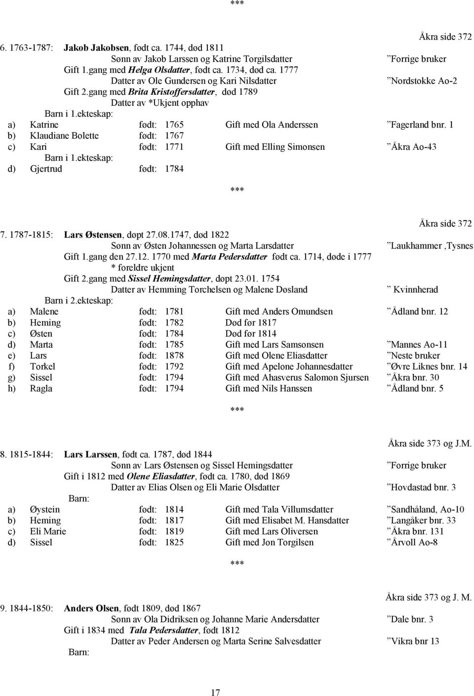 ekteskap: a) Katrine født: 1765 Gift med Ola Anderssen Fagerland bnr. 1 b) Klaudiane Bolette født: 1767 c) Kari født: 1771 Gift med Elling Simonsen Åkra Ao-43 Barn i 1.