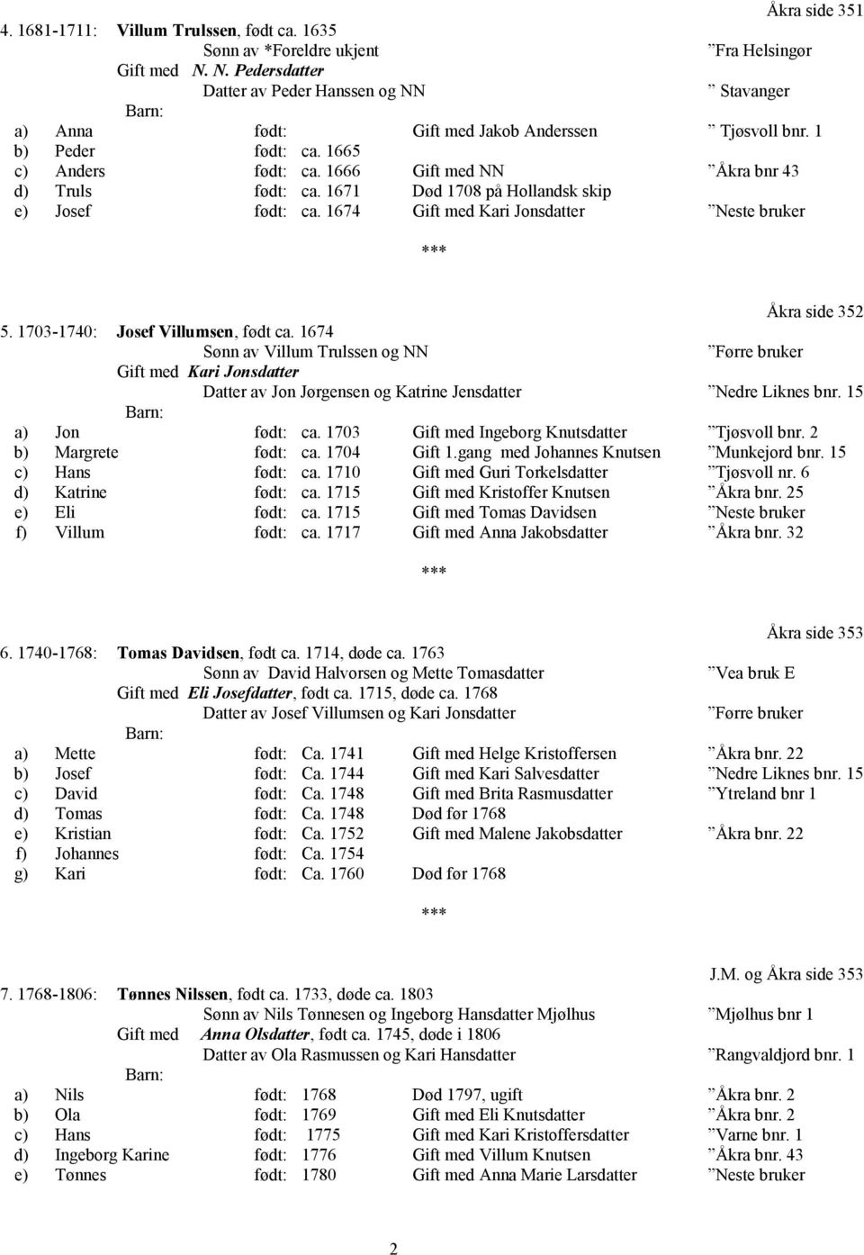 1666 Gift med NN Åkra bnr 43 d) Truls født: ca. 1671 Død 1708 på Hollandsk skip e) Josef født: ca. 1674 Gift med Kari Jonsdatter Neste bruker Åkra side 352 5. 1703-1740: Josef Villumsen, født ca.