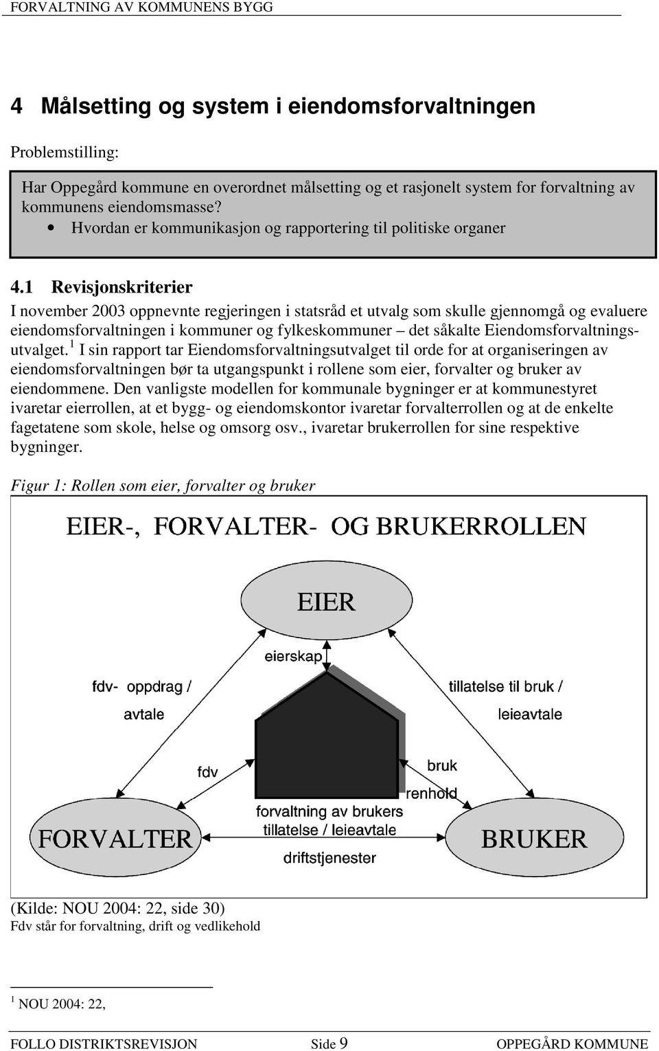 1 Revisjonskriterier I november 2003 oppnevnte regjeringen i statsråd et utvalg som skulle gjennomgå og evaluere eiendomsforvaltningen i kommuner og fylkeskommuner det såkalte