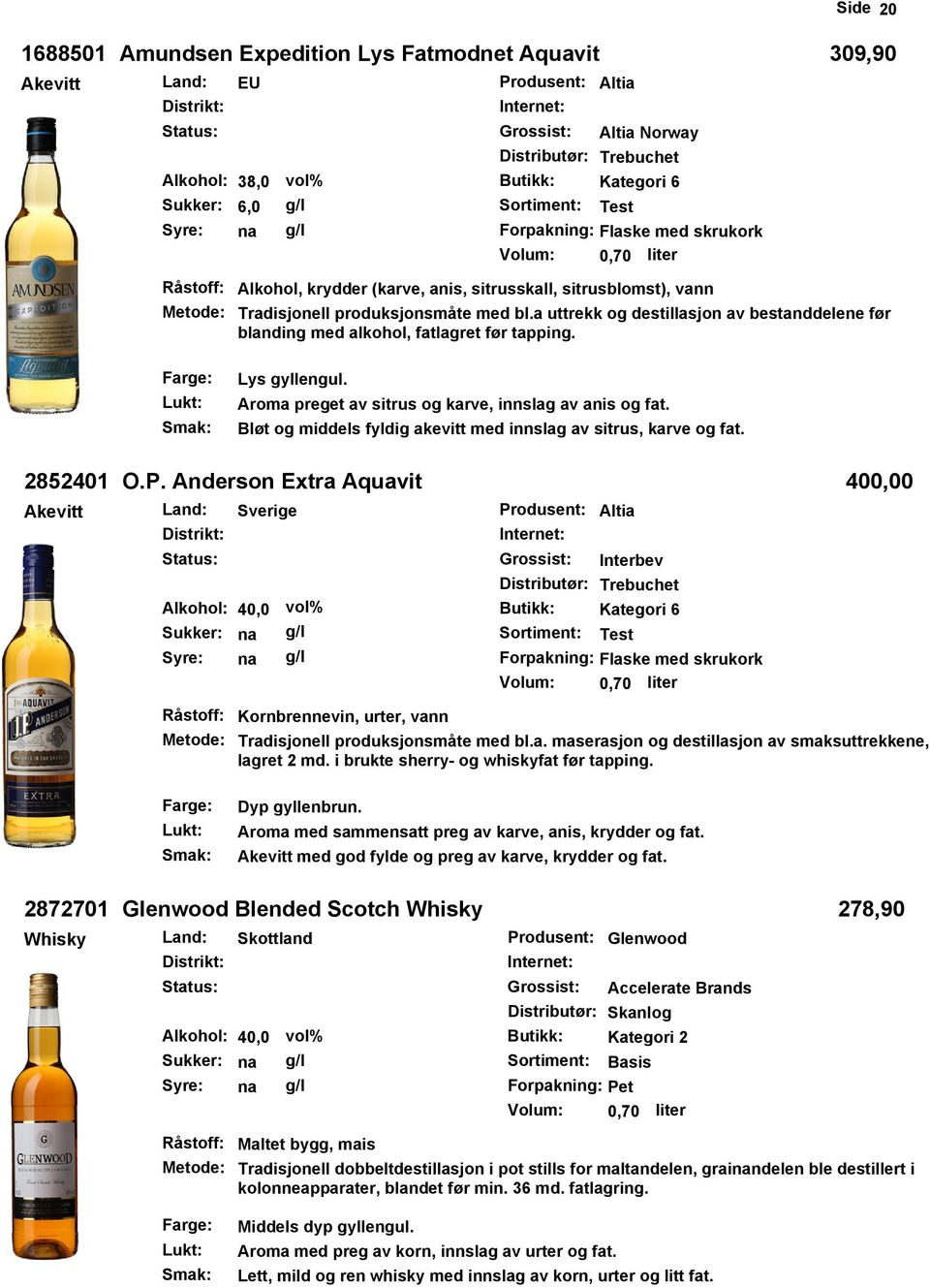 a uttrekk og destillasjon av bestanddelene før blanding med alkohol, fatlagret før tapping. Lys gyllengul. Aroma preget av sitrus og karve, innslag av anis og fat.