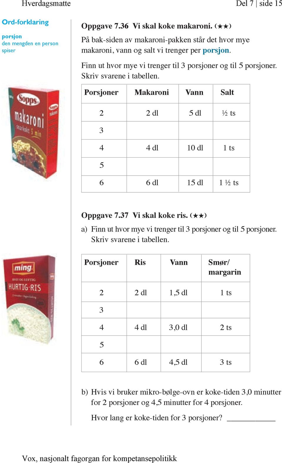 Porsjoner Makaroni Vann Salt 2 2 dl 5 dl ½ ts 3 4 4 dl 10 dl 1 ts 5 6 6 dl 15 dl 1 ½ ts Oppgave 7.37 Vi skal koke ris. (HH) a) Finn ut hvor mye vi trenger til 3 porsjoner og til 5 porsjoner.