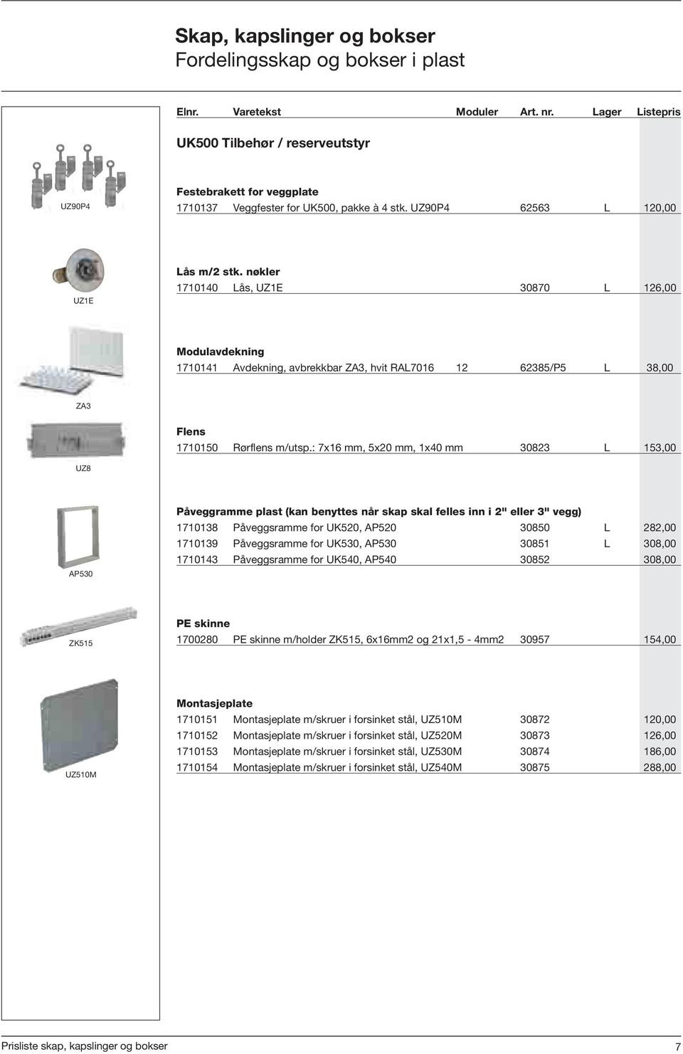 : 7x16 mm, 5x20 mm, 1x40 mm 30823 L 153,00 UZ8 AP530 Påveggramme plast (kan benyttes når skap skal felles inn i 2" eller 3" vegg) 1710138 Påveggsramme for UK520, AP520 30850 L 282,00 1710139