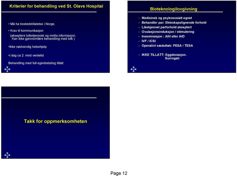 Kan ikke gjennomføre behandling med tolk ) Ikke nødvendig helsehjelp I dag ca 2 mnd ventetid Behandling med full egenbetaling tillatt Medisinsk og