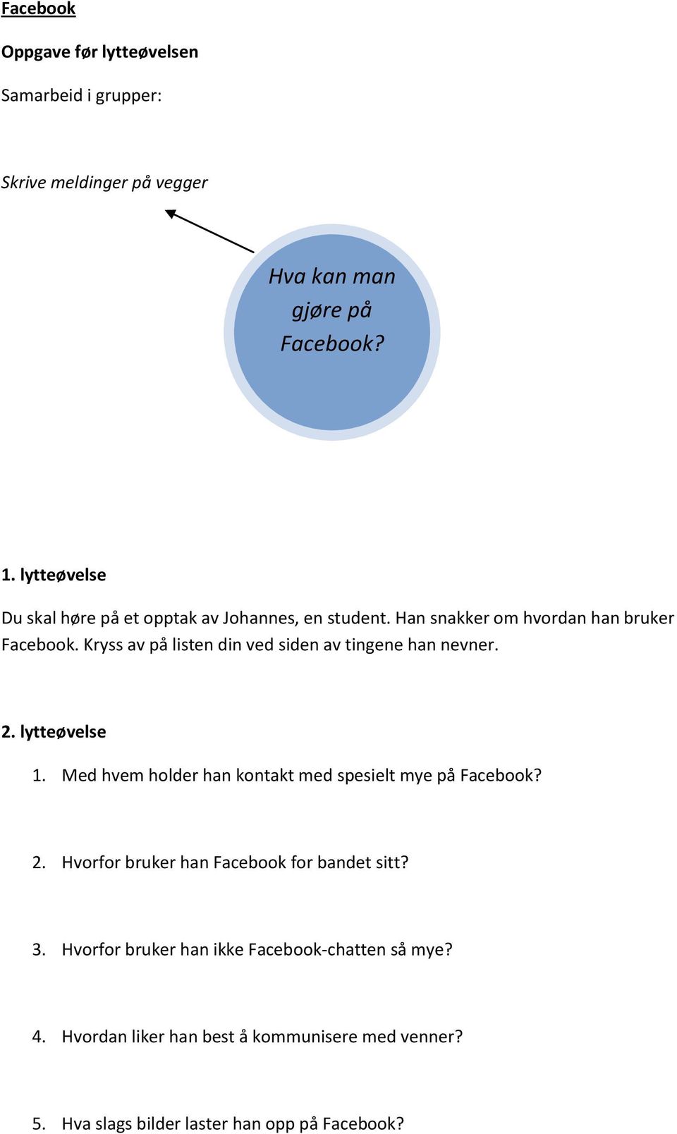 Kryss av på listen din ved siden av tingene han nevner. 2. lytteøvelse 1. Med hvem holder han kontakt med spesielt mye på Facebook? 2. Hvorfor bruker han Facebook for bandet sitt?