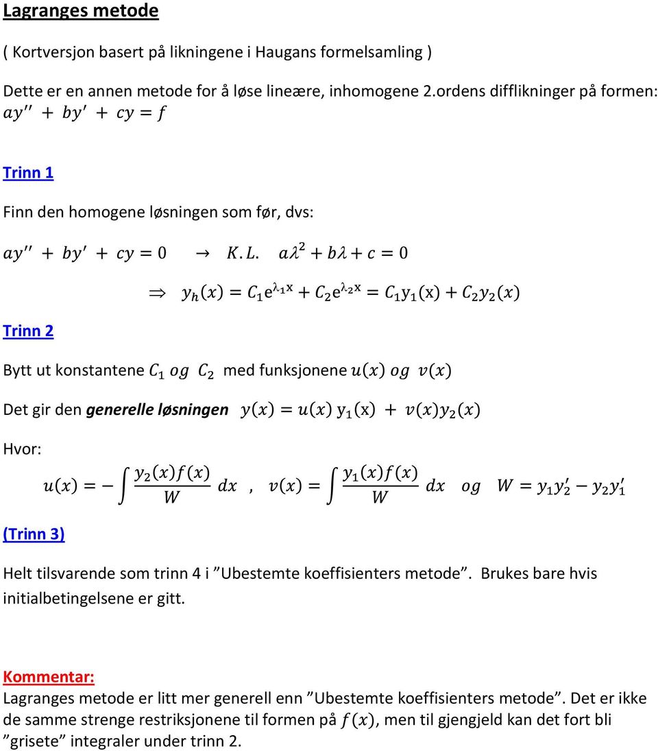 Hvor: (Trinn 3) Helt tilsvarende som trinn 4 i Ubestemte koeffisienters metode. Brukes bare hvis initialbetingelsene er gitt.