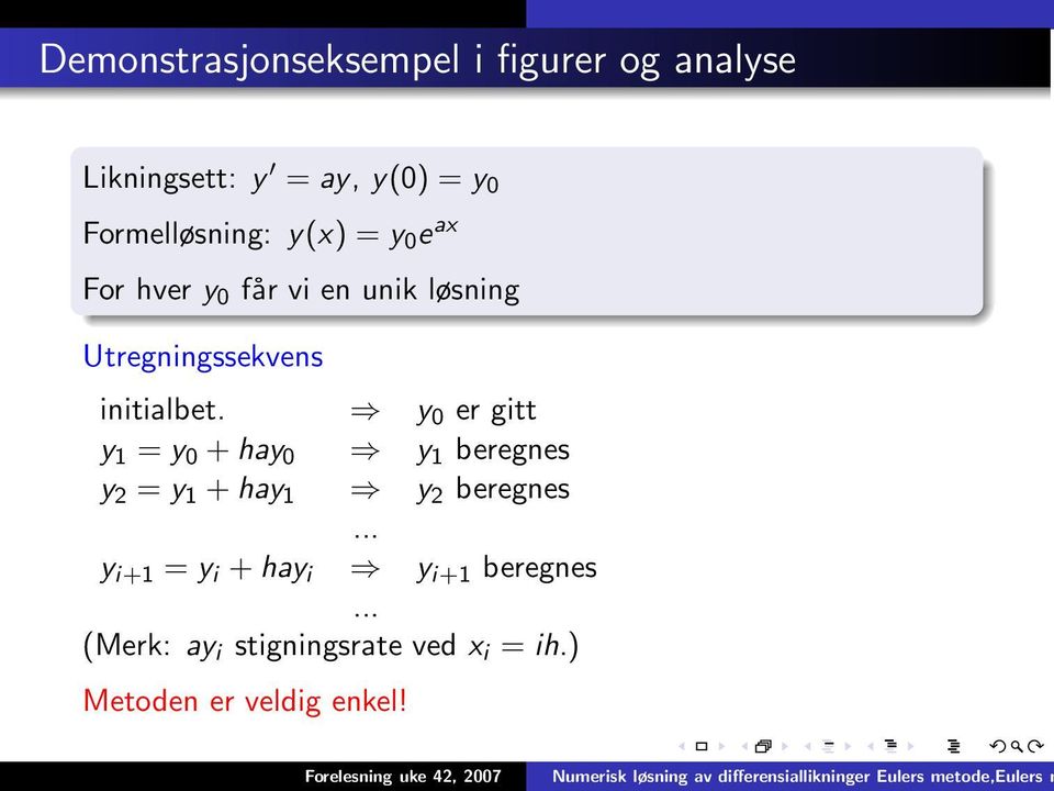 initialbet. y 0 er gitt y 1 = y 0 + hay 0 y 1 beregnes y 2 = y 1 + hay 1 y 2 beregnes.