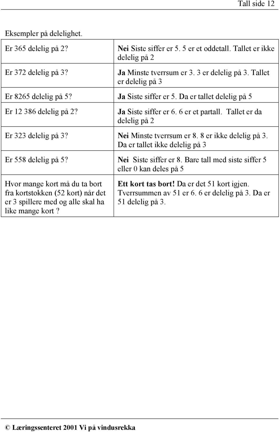 Tallet er da delelig på 2 Er 323 delelig på 3? Nei Minste tverrsum er 8. 8 er ikke delelig på 3. Da er tallet ikke delelig på 3 Er 558 delelig på 5? Nei Siste siffer er 8.