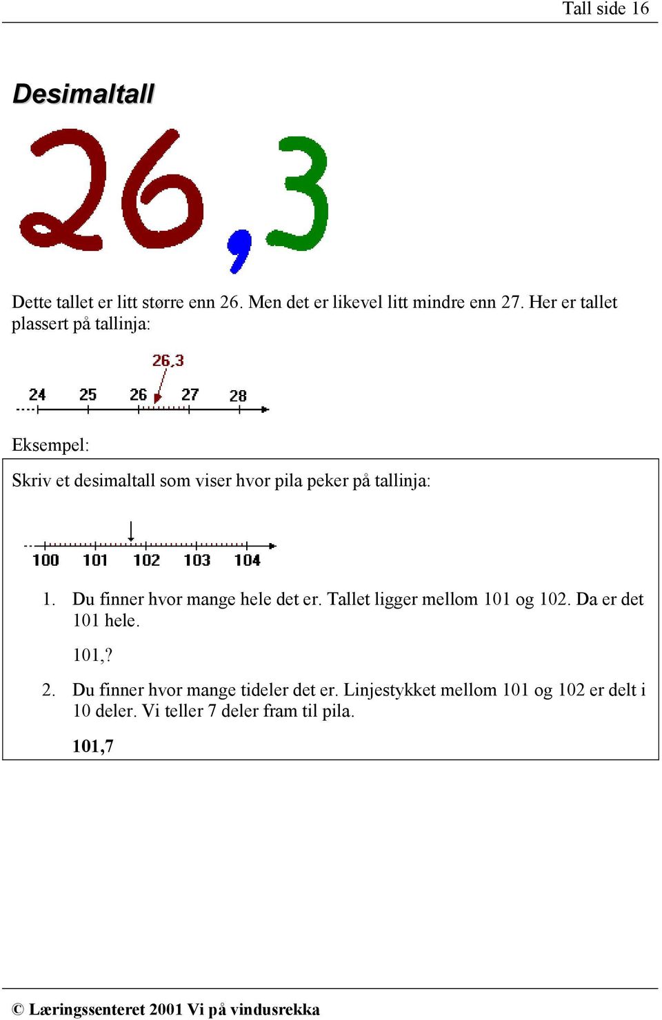 Du finner hvor mange hele det er. Tallet ligger mellom 101 og 102. Da er det 101 hele. 101,? 2.