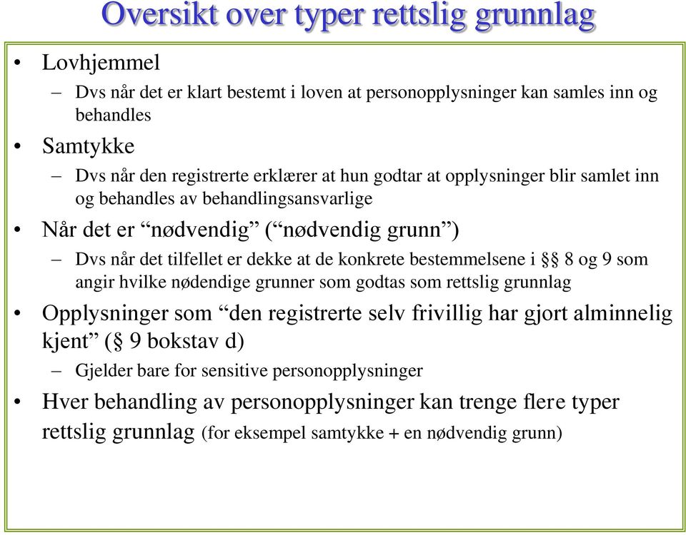 konkrete bestemmelsene i 8 og 9 som angir hvilke nødendige grunner som godtas som rettslig grunnlag Opplysninger som den registrerte selv frivillig har gjort alminnelig kjent