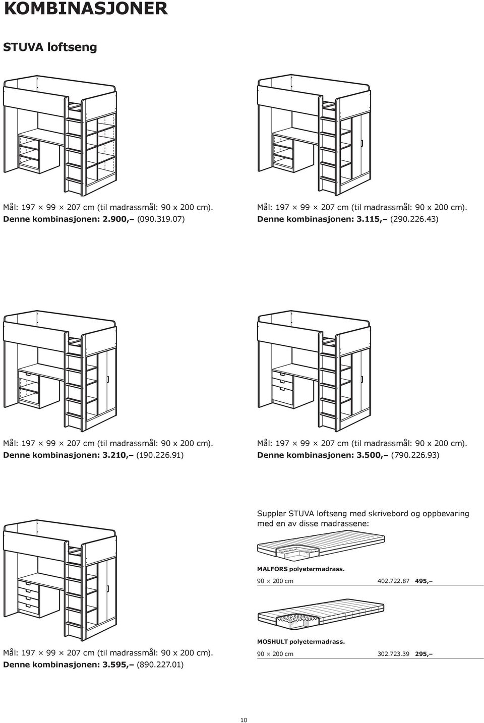 226.91) Mål: 197 99 207 cm (til madrassmål: 90 x 200 cm). Denne kombinasjonen: 3.500, (790.226.93) Suppler STUVA loftseng med skrivebord og oppbevaring med en av disse madrassene: MALFORS polyetermadrass.