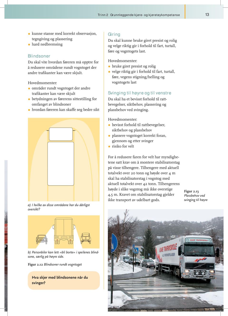 Hovedmomenter: områder rundt vogntoget der andre trafikanter kan være skjult betydningen av førerens sittestilling for omfanget av blindsoner hvordan føreren kan skaffe seg bedre sikt Giring Du skal
