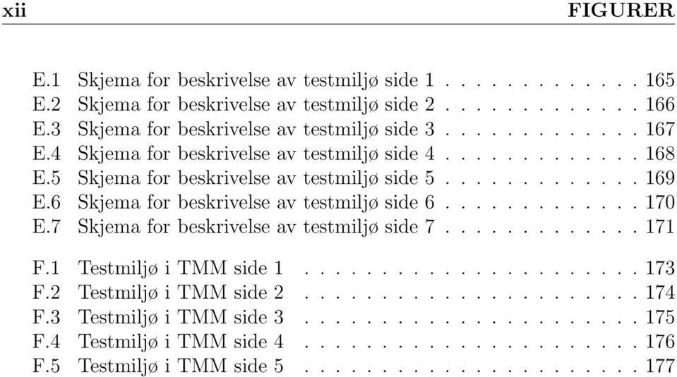 6 Skjema for beskrivelse av testmiljø side 6............. 170 E.7 Skjema for beskrivelse av testmiljø side 7............. 171 F.1 Testmiljø i TMM side 1...................... 173 F.