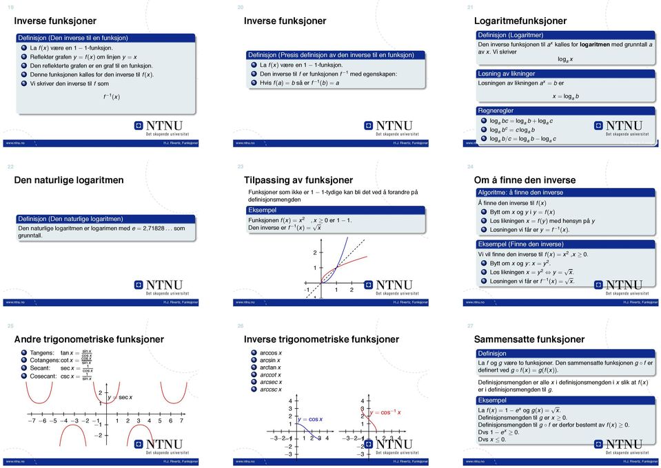 Den inverse til f er funksjonen f med egenskapen: Hvis f (a) = så er f () =a Logaritmefunksjoner (Logaritmer) Den inverse funksjonen til a x kalles for logaritmen med grunntall a av x.