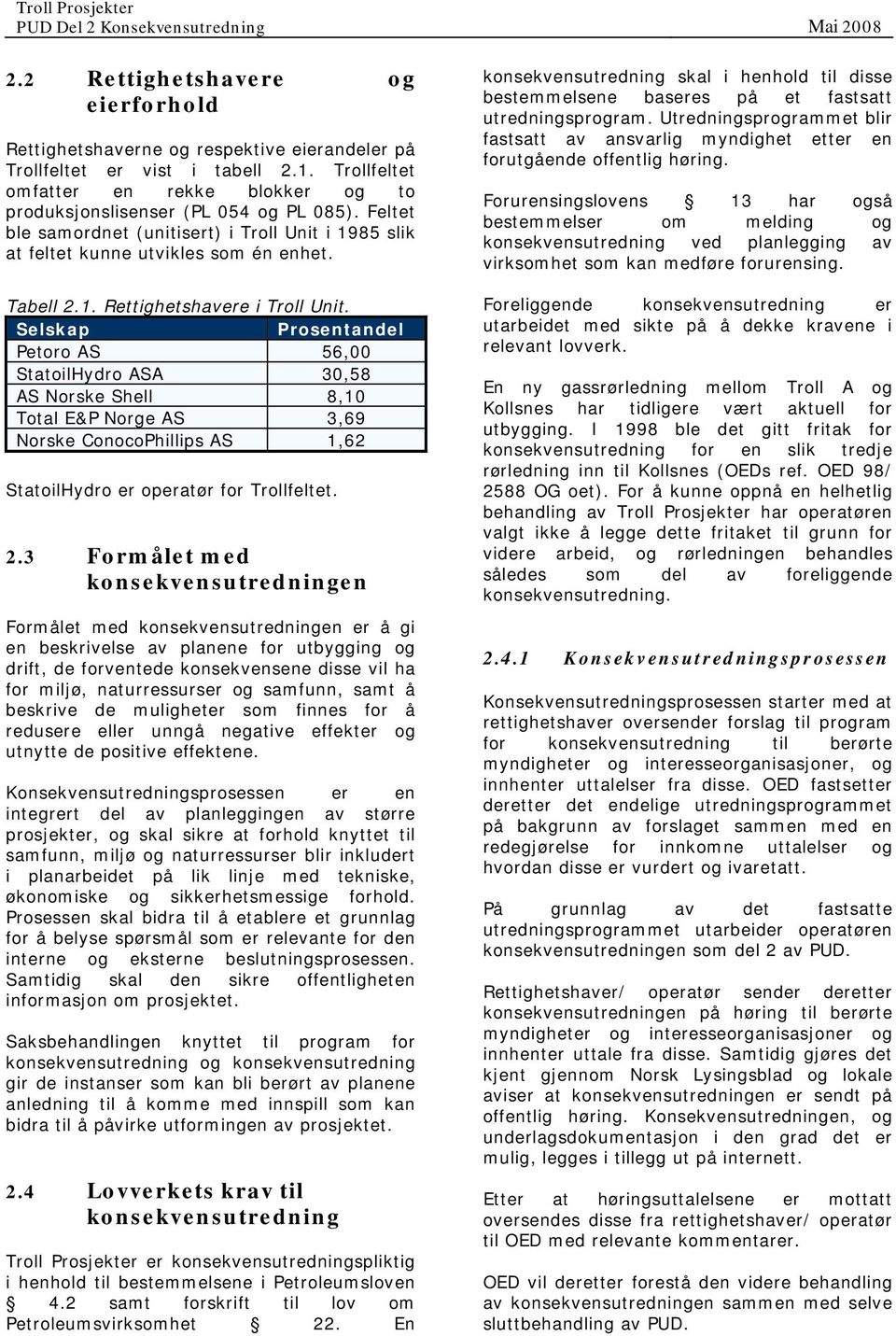 Selskap Prosentandel Petoro AS 56,00 StatoilHydro ASA 30,58 AS Norske Shell 8,10 Total E&P Norge AS 3,69 Norske ConocoPhillips AS 1,62 StatoilHydro er operatør for Trollfeltet. 2.